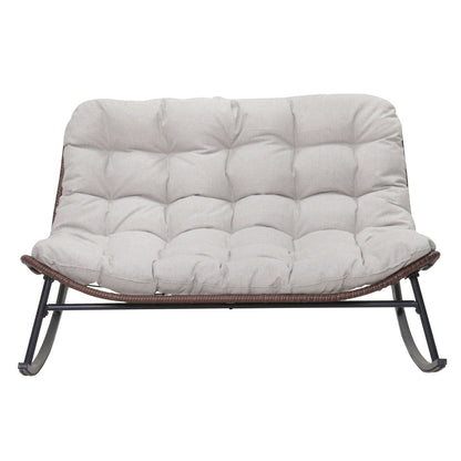 Double Wide Rocking Papasan Chair, 2 Person Outdoor Lounge Seating - Acacia Wood / Beige