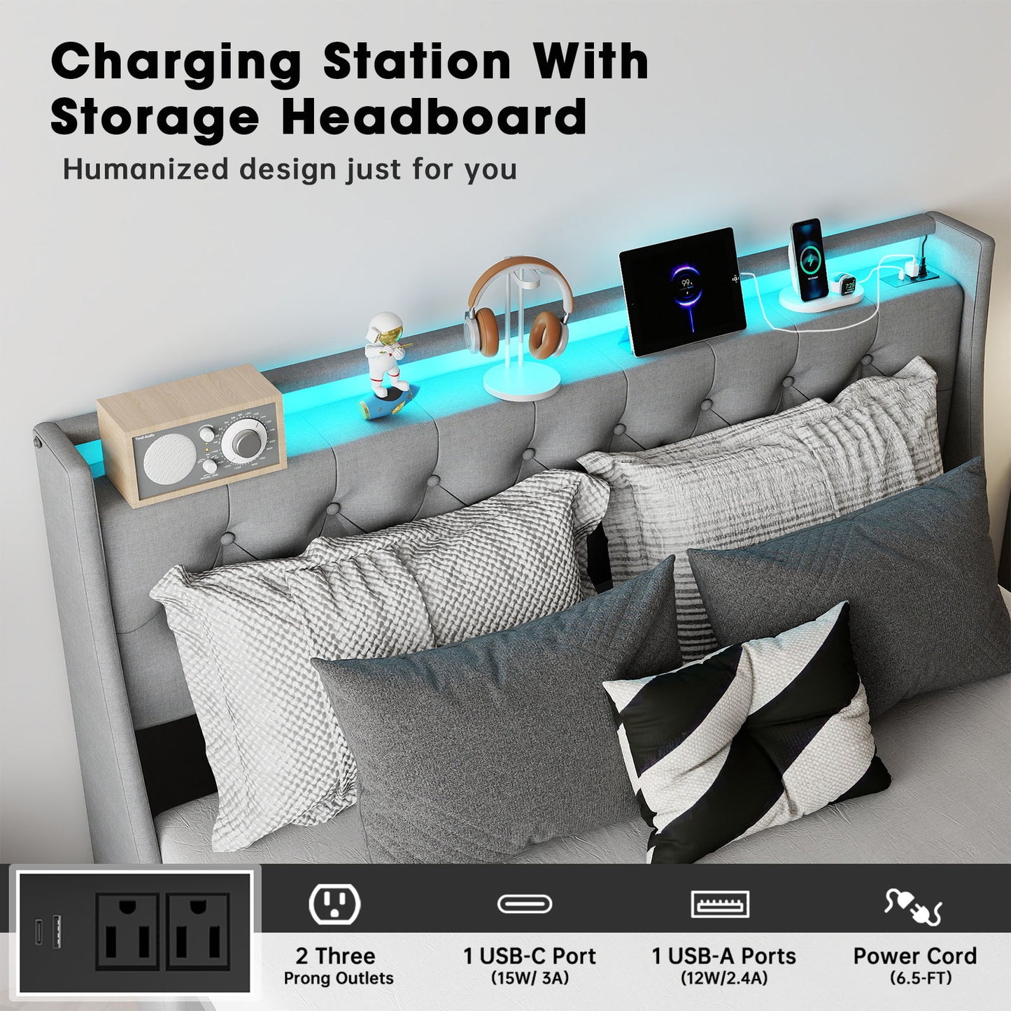 Platform Bed Frame With RGB LED Lights, Charging Station, Storage Headboard & 4 Underbed Drawers