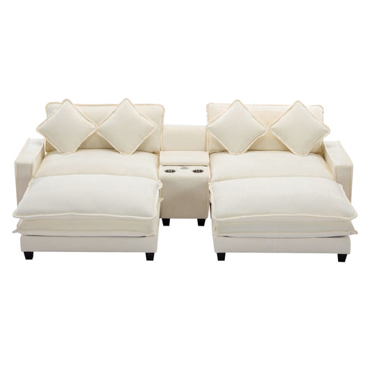 Sectional Sofa Upholstered Sofa With Two Removable Ottoman, Two USB Ports, Two Cup Holders And Large Storage Box For Living Room