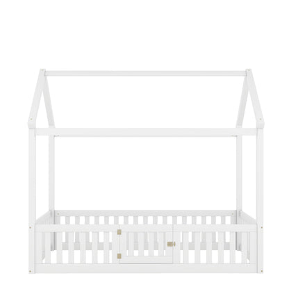 Wood House Bed With Fence And Door