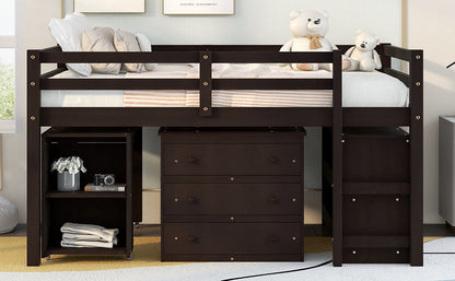 Loft Low Study Bed With Cabinet, Shelves And Rolling Portable Desk, Multiple Functions