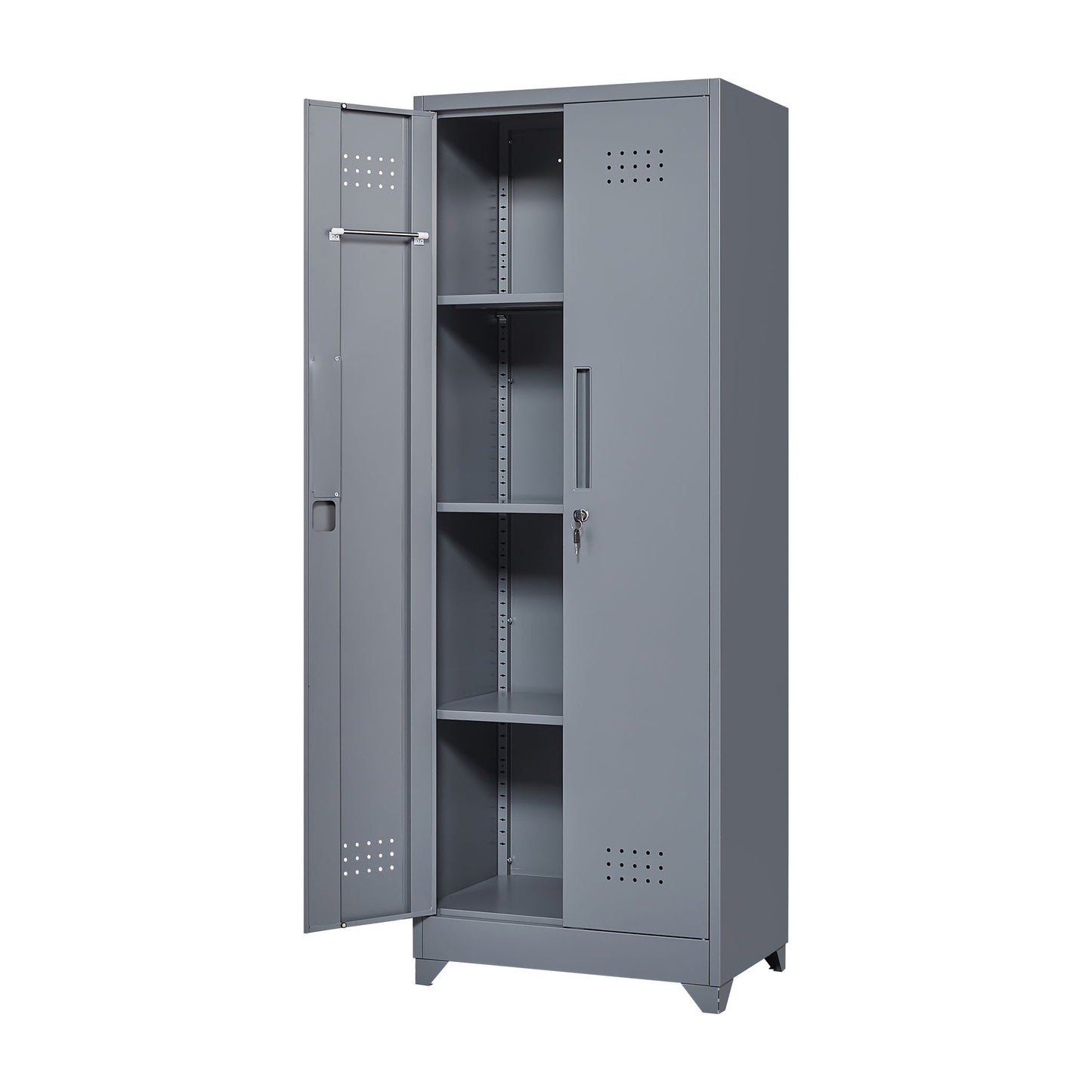 Heavy Duty Storage Cabinet With Locking Doors, Hanging Rod & Shelves, Broom Closet - Gray