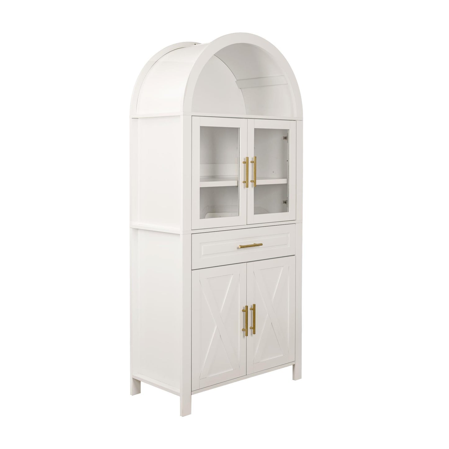 Arched Kitchen Pantry Cabinet With Adjustable Shelves & Barn Door Design