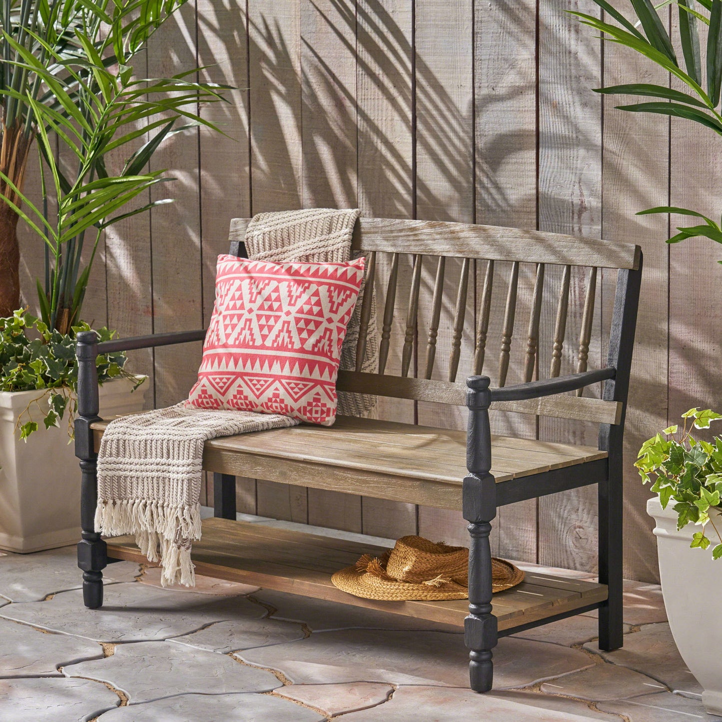 Slatted Bench With Built In Shelf