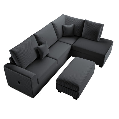 Modern Style Sectional Set With USB Port, Storage Ottoman