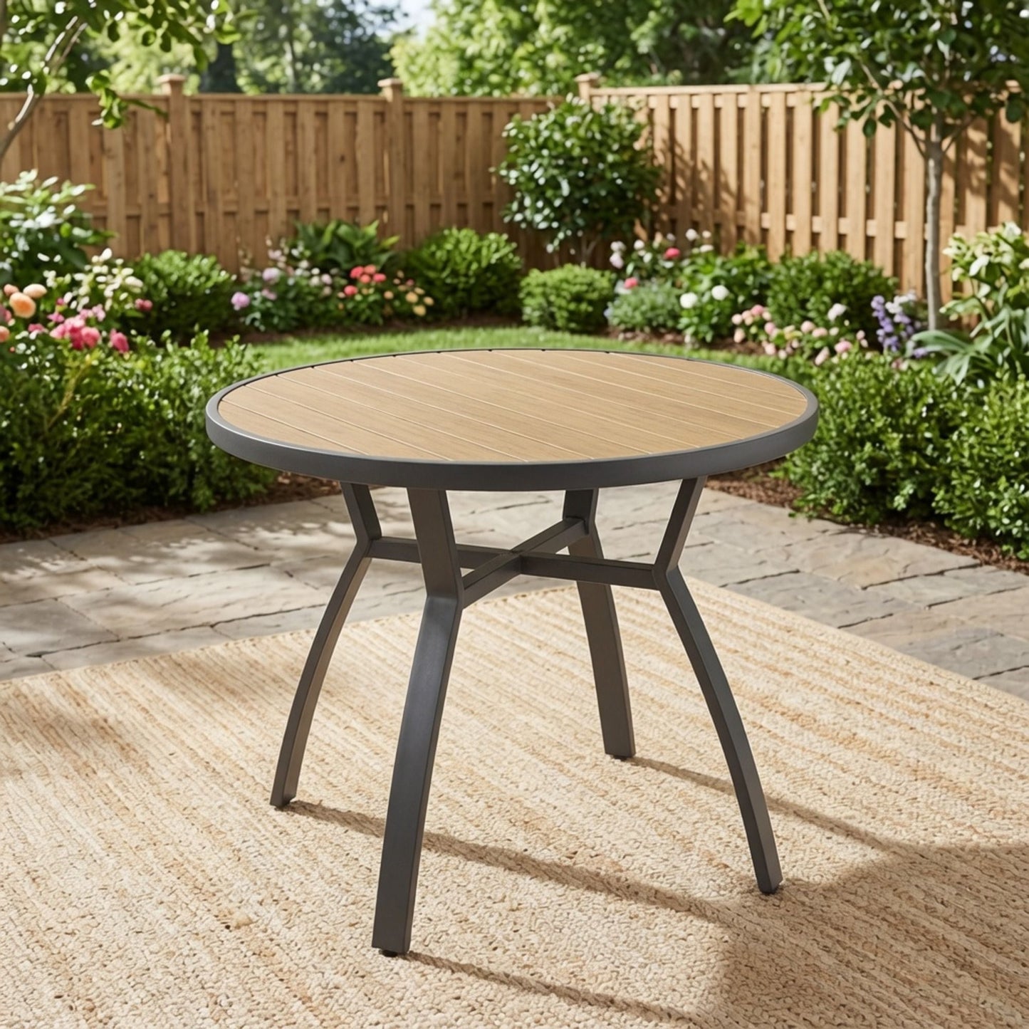 Outdoor Round Patio Table With Slatted Top - Gray