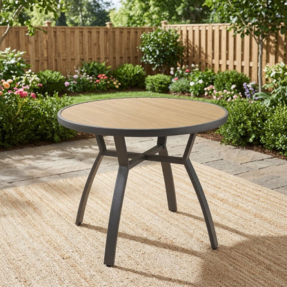 Outdoor Round Patio Table With Slatted Top - Gray