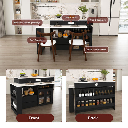 Retro Kitchen Island Set With Chairs, Extendable & Rotating Table, 4 Drawers & Door Cabinets
