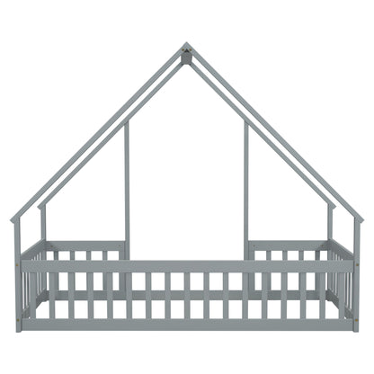 Wood House-Shaped Floor Bed With Fence, Guardrails