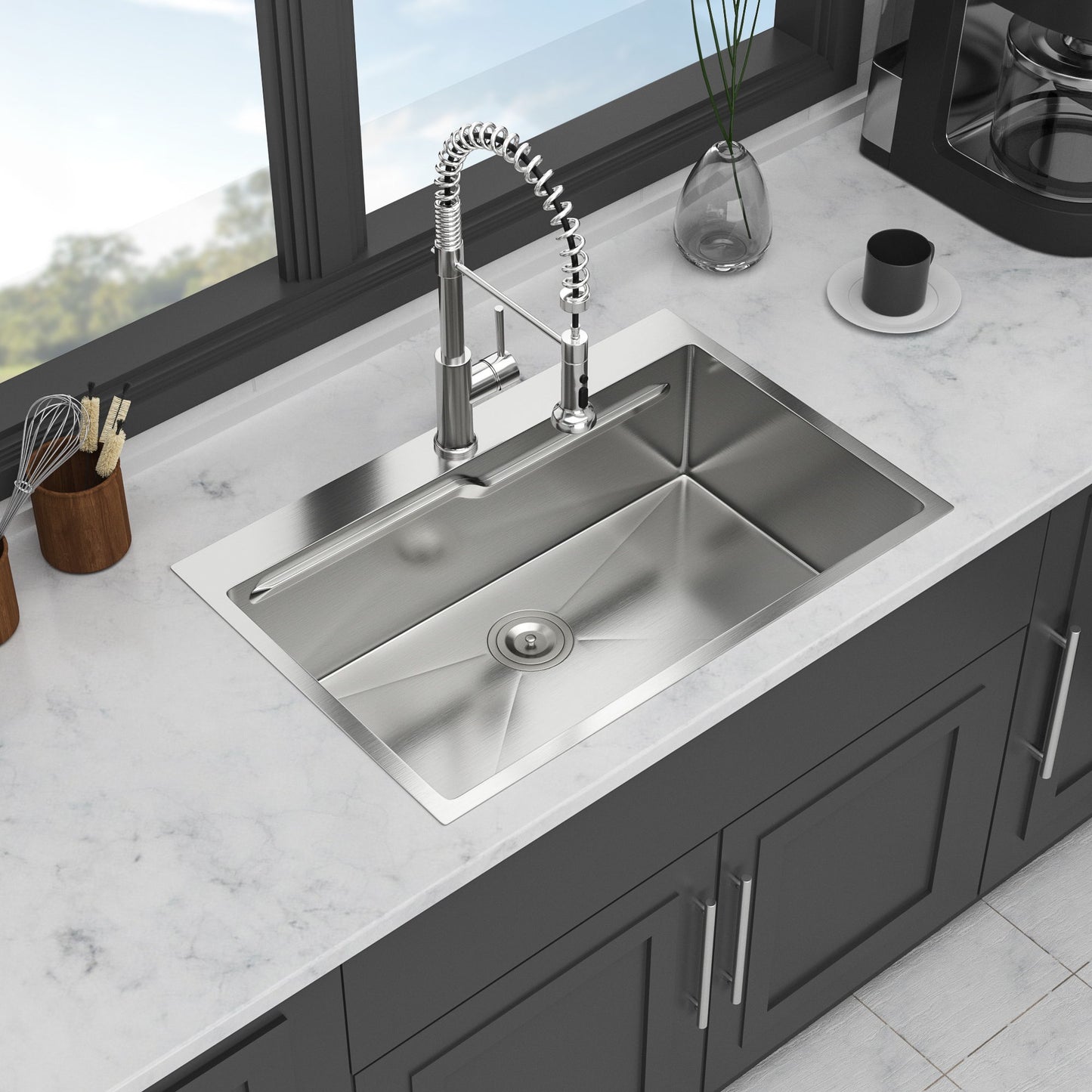 33" Drop In Kitchen Sink With Ledge Workstation, Single Bowl, 16 Gauge Stainless Steel - Black / Gray