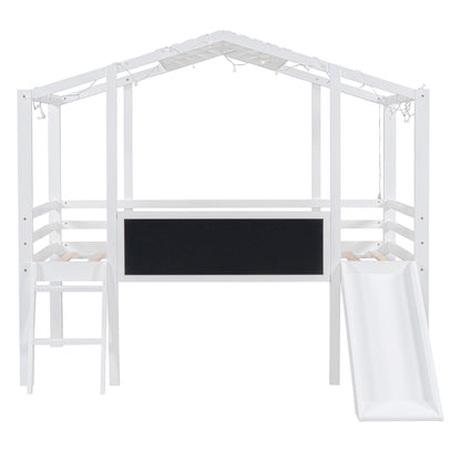 Loft House Bed With Ladder And Slide, With board And Light Strip On The Roof