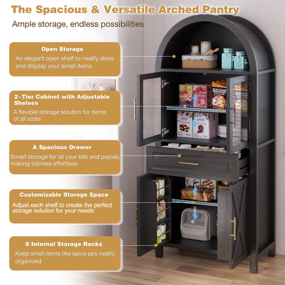 Arched Kitchen Pantry Cabinet With Adjustable Shelves And Barn Door Design