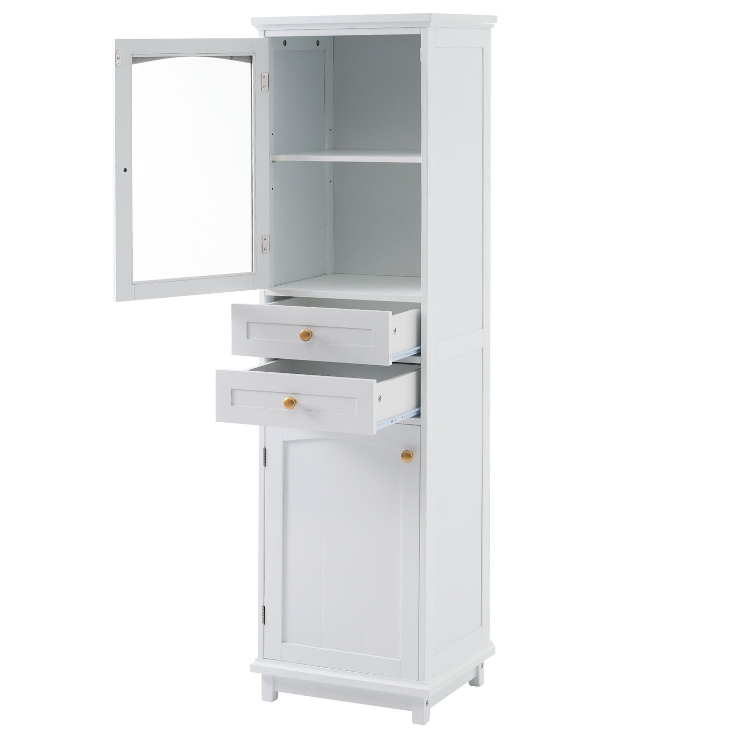 Tall Bathroom Storage Cabinet With Glass Doors, Free-Standing, Two Drawers, And Adjustable Shelves, Board, Painted Perfect For Displaying Your Favorite Items
