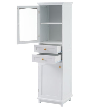 Tall Bathroom Storage Cabinet With Glass Doors, Free-Standing, Two Drawers, And Adjustable Shelves, Board, Painted Perfect For Displaying Your Favorite Items