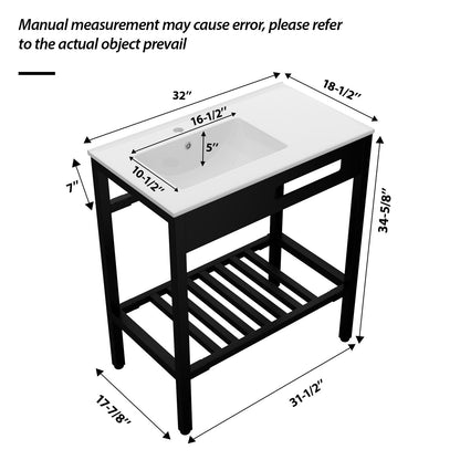 Console Sink With Legs, 32" X 18.5", Durable Porcela With Support - White / Black