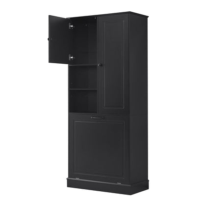 Modern Tall Storage Cabinet With Adjustable Shelves, Flip-Out Basket & Enclosed Doors
