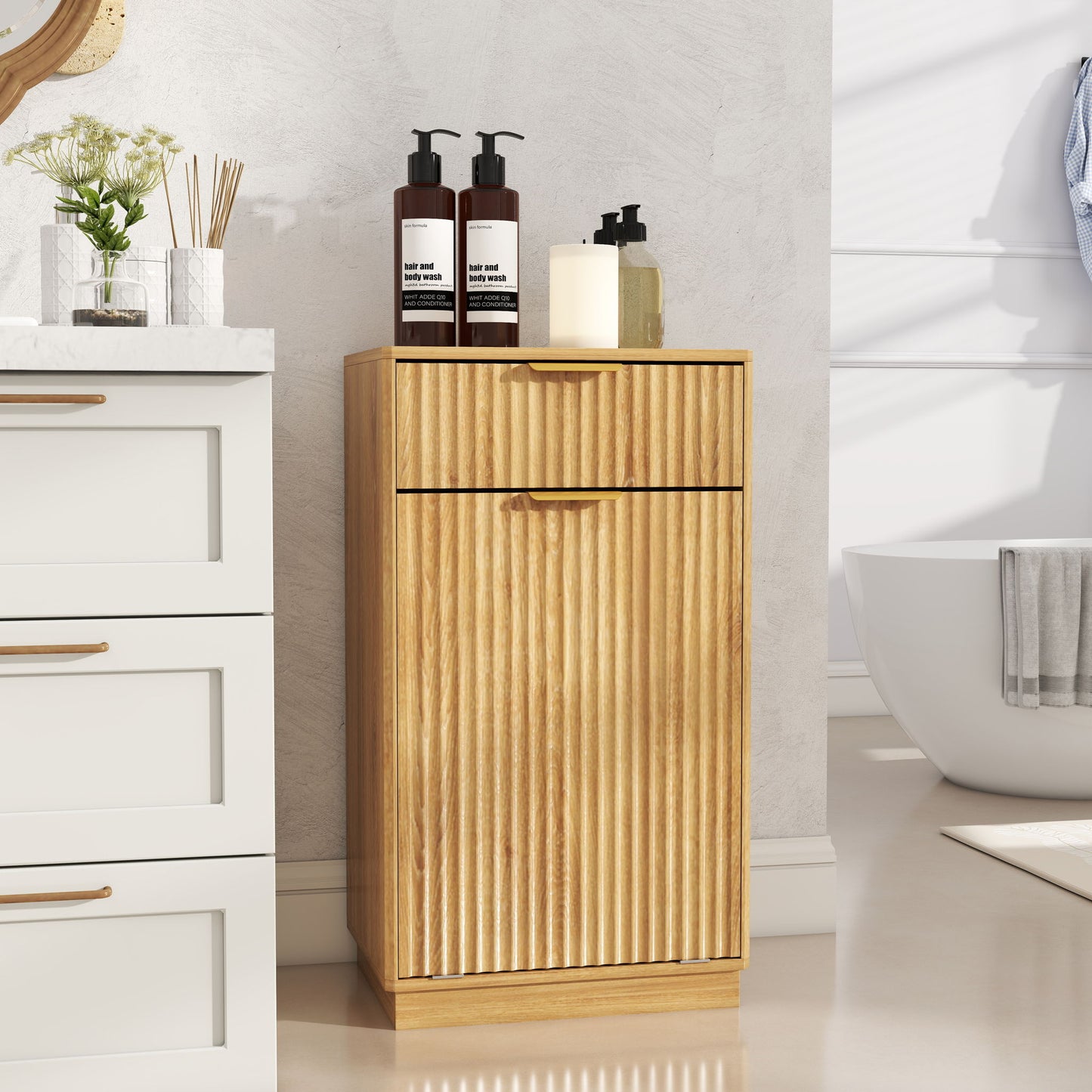 Tilt Out Trash Can Cabinet With Wave Textured Drawer & Pull Out Bin