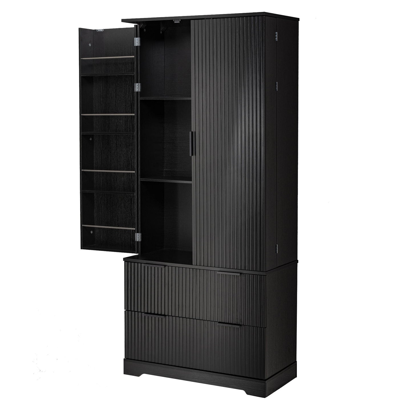 Fluted Kitchen Pantry Cabinet With 2 Large Drawers & 8 Door Spice Rack