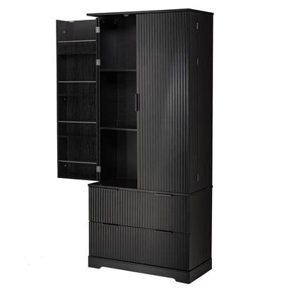 Fluted Kitchen Pantry Cabinet With 2 Large Drawers & 8 Door Spice Rack