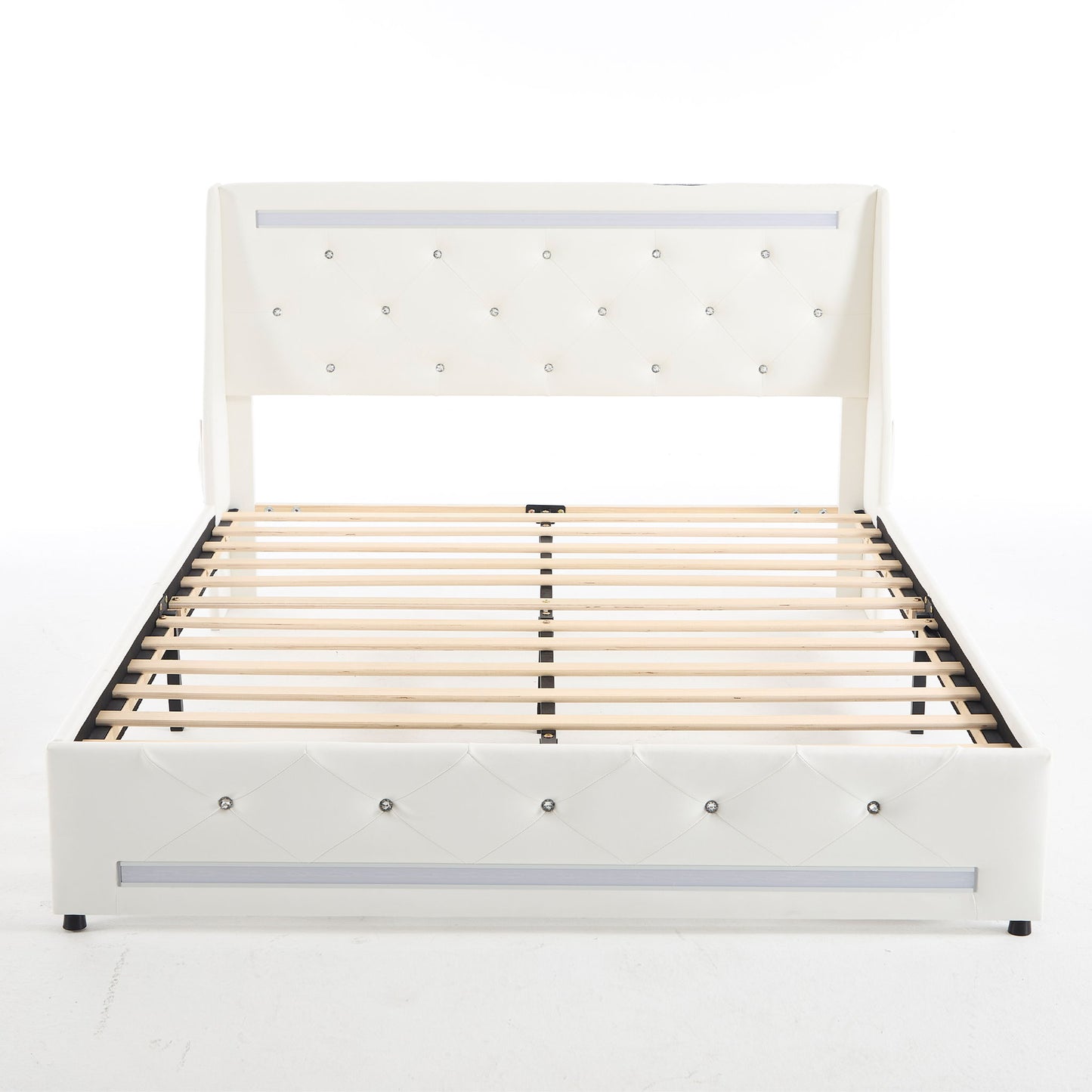 Wingback Upholstered Bed Frame With LED Lights, Charging Station