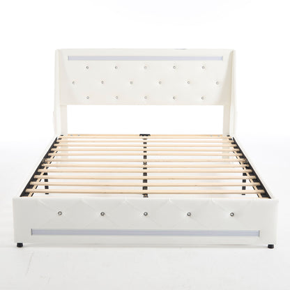Wingback Upholstered Bed Frame With LED Lights, Charging Station