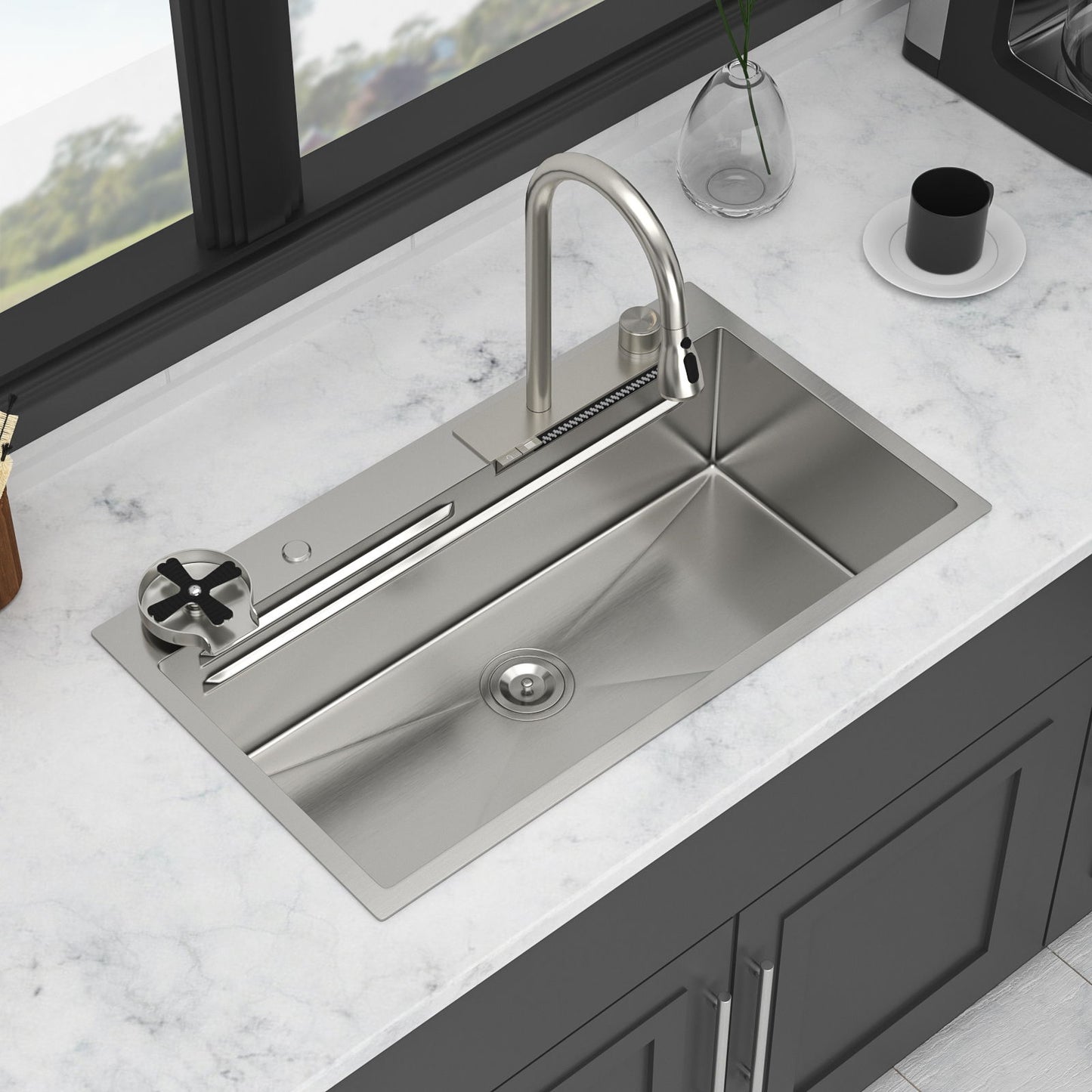 33" Stainless Steel Single Bowl Kitchen Sink With Waterfall Flow