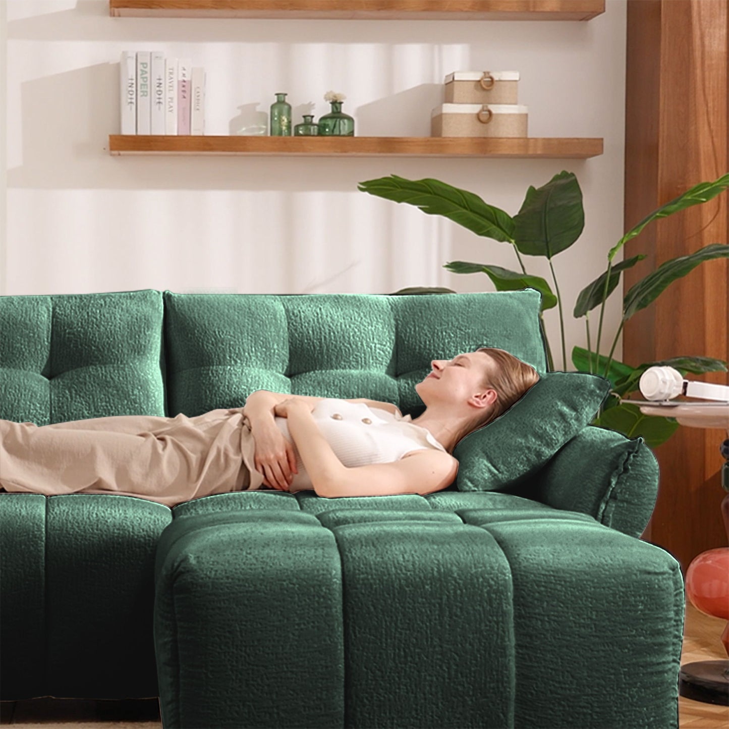Elegant 3 Seater Sofa Set & Pillows Frame, High Rebound Cushions - Textured Green
