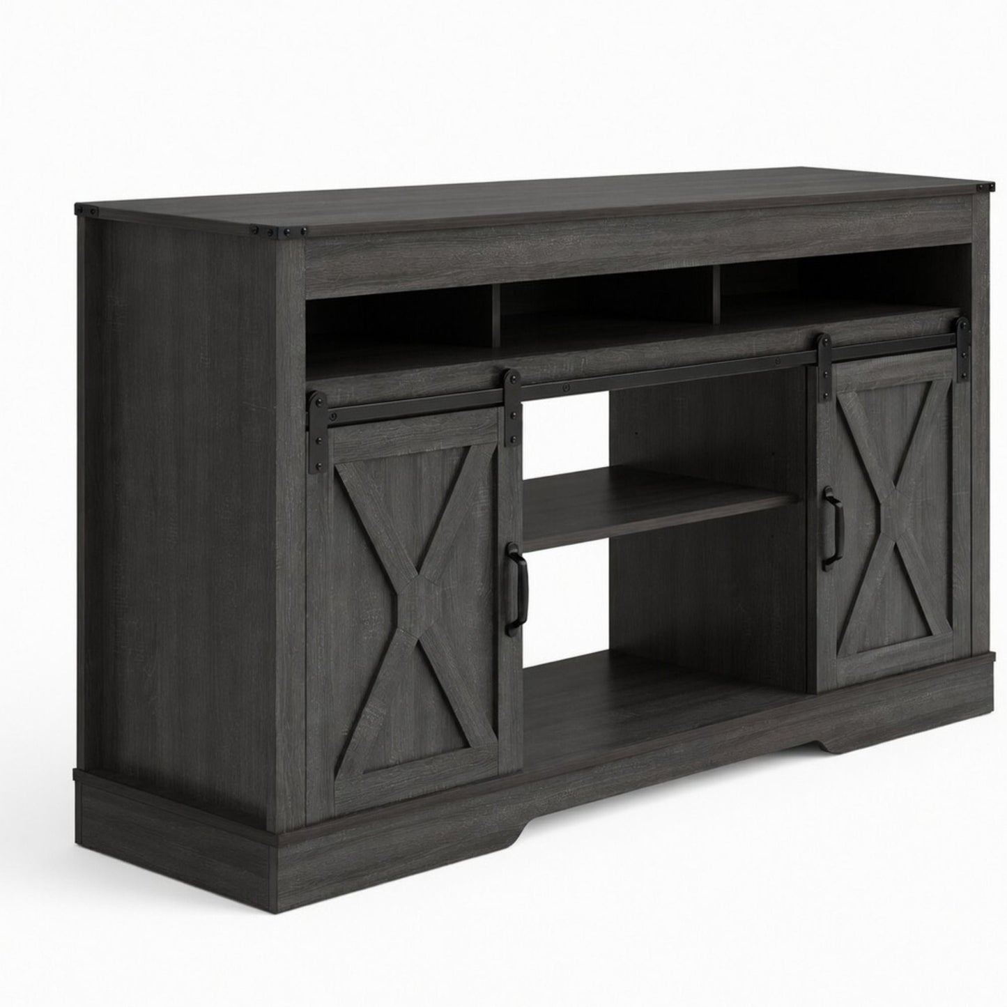Farmhouse TV Stand With Sliding Barn Doors & Adjustable Storage