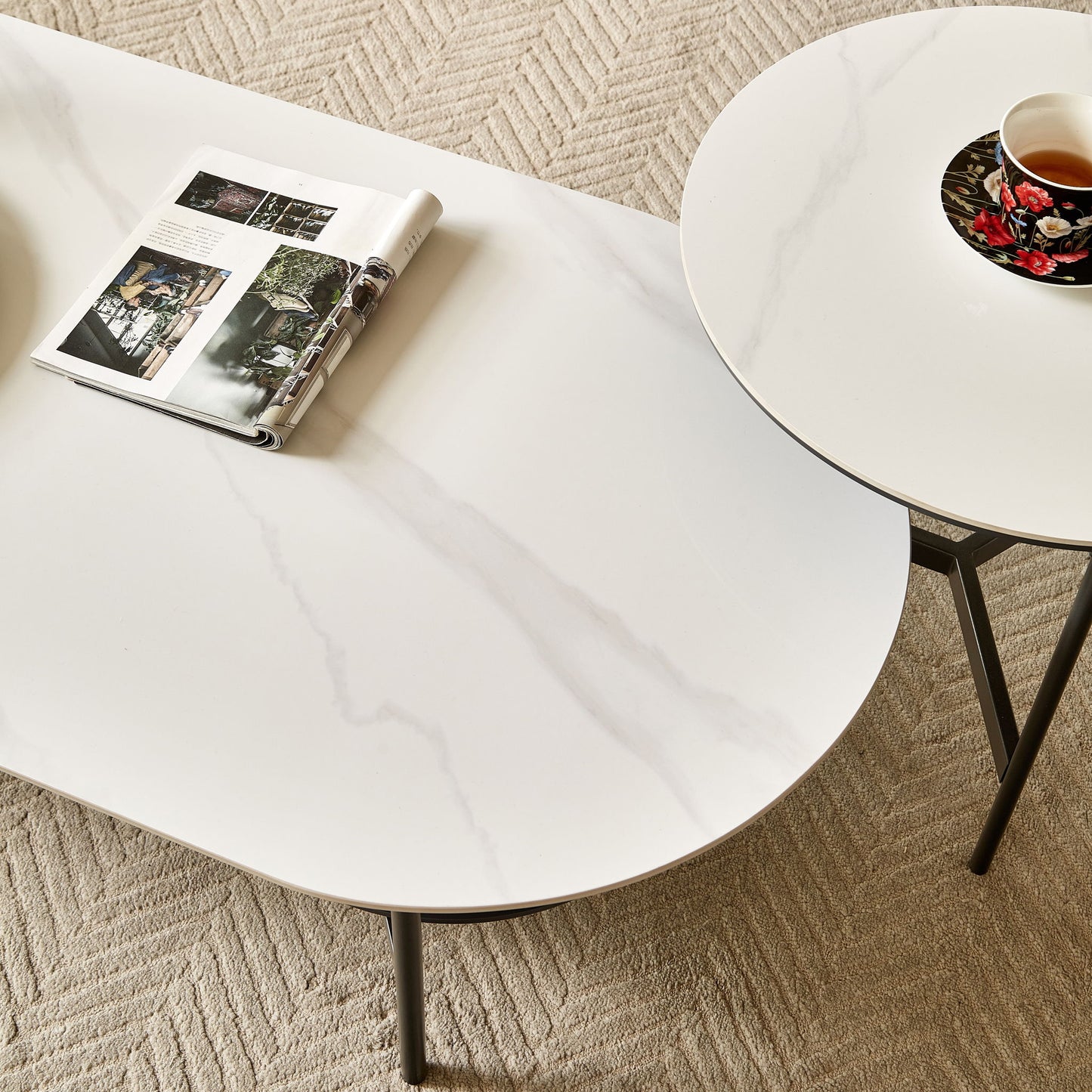Contemporary Coffee Table Sintered Stone Surface With Ceramic Finish Double Layer Design Base Matte Shelf Modern Living Room Center Table - White / Gray