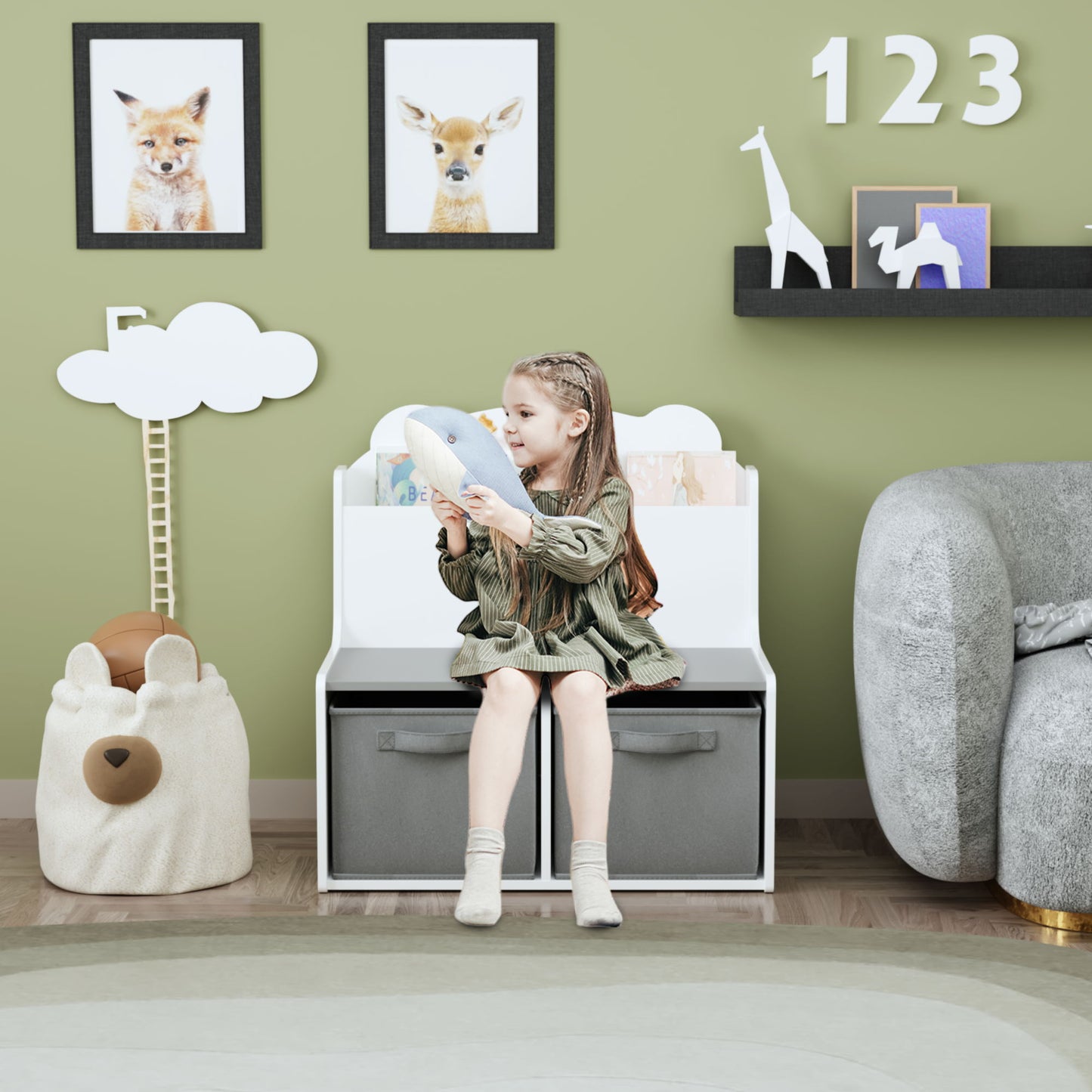 Bookshelf With Storage Bins, Bookcase With Book Display Shelf And 2 Bins, Cute Bear Shaped Backboard, Toy Organizer - White