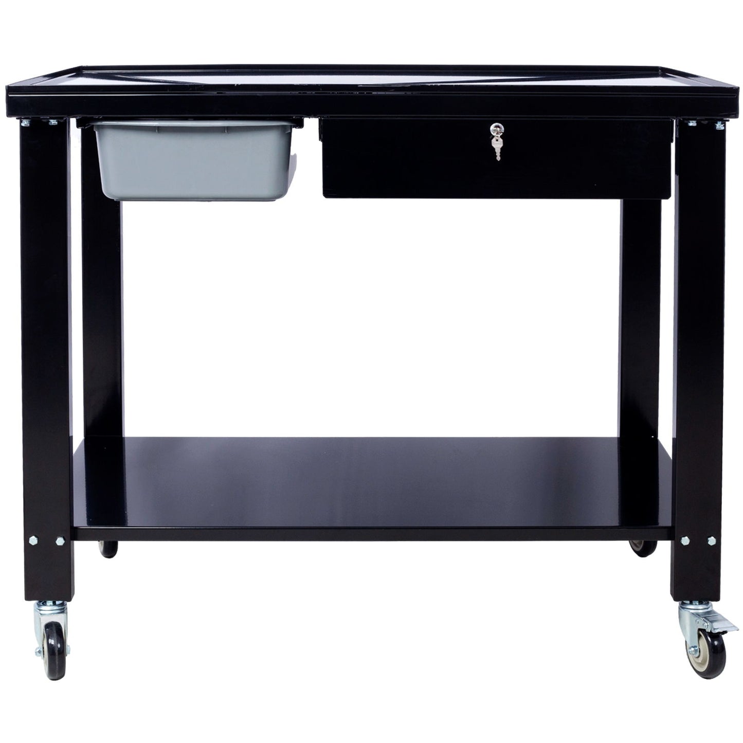 Transmission Teardown Work Station 1 / 2 Ton Capacity Sloping Drain Table Locking Drawer Removable Drain Basin Full-Width Lower Shelf Four 4" Caster Wheels