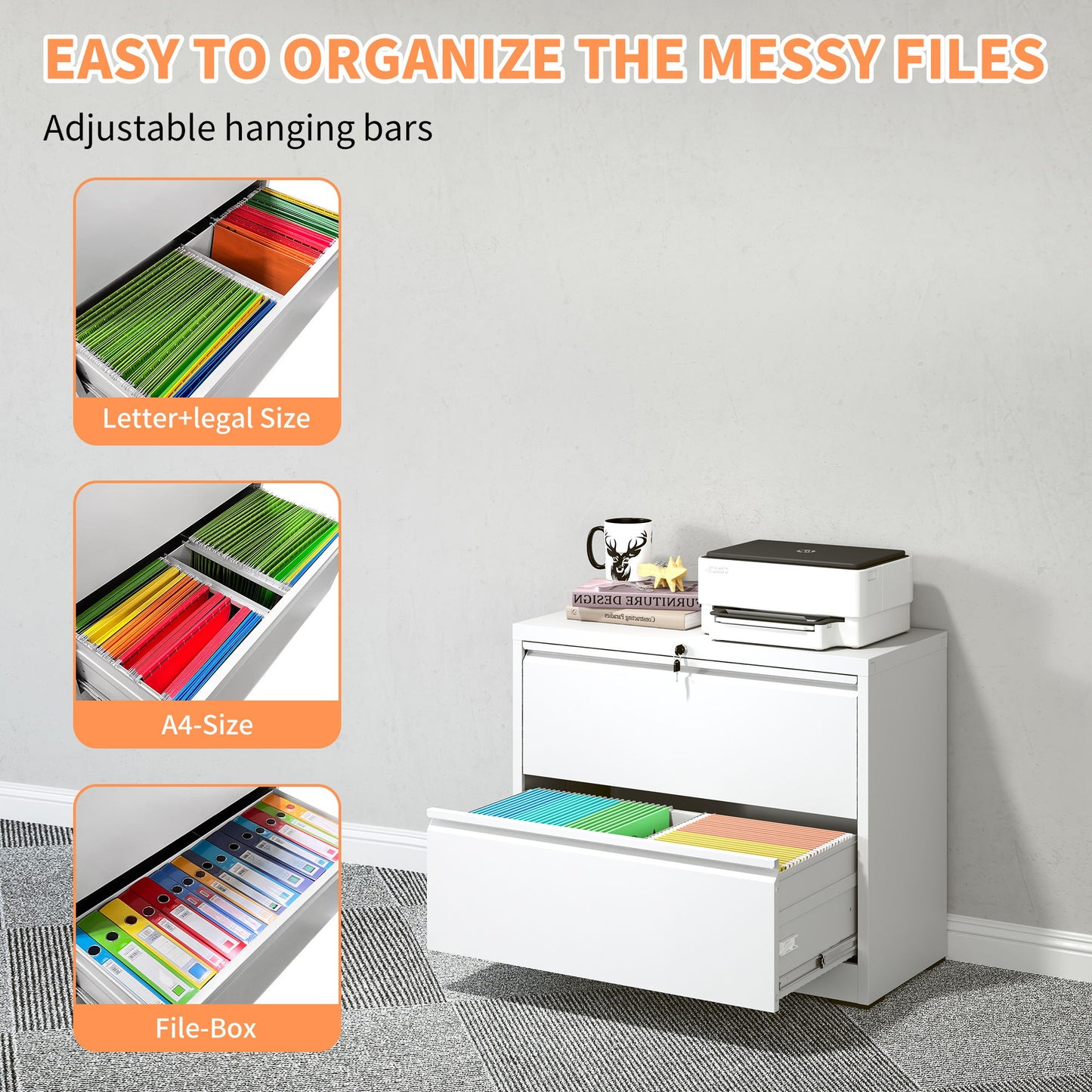Lateral File Cabinet 2 Drawer, Locking File Cabinet With Anti Tip Interlock, Heavy Duty Storage For Letter / Legal / A4 Files - White