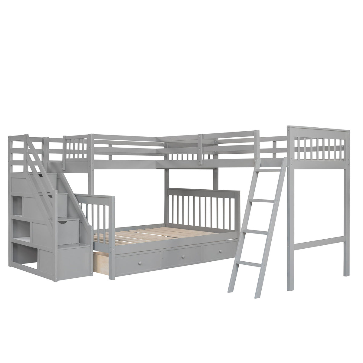 Solid L Shaped Bunk Bed With 3 Drawers, Ladder And Staircase
