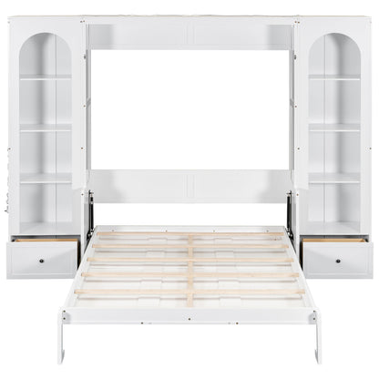 French Style Murphy Platform Bed With Shelf, Side Cabinets, Drawers And LED