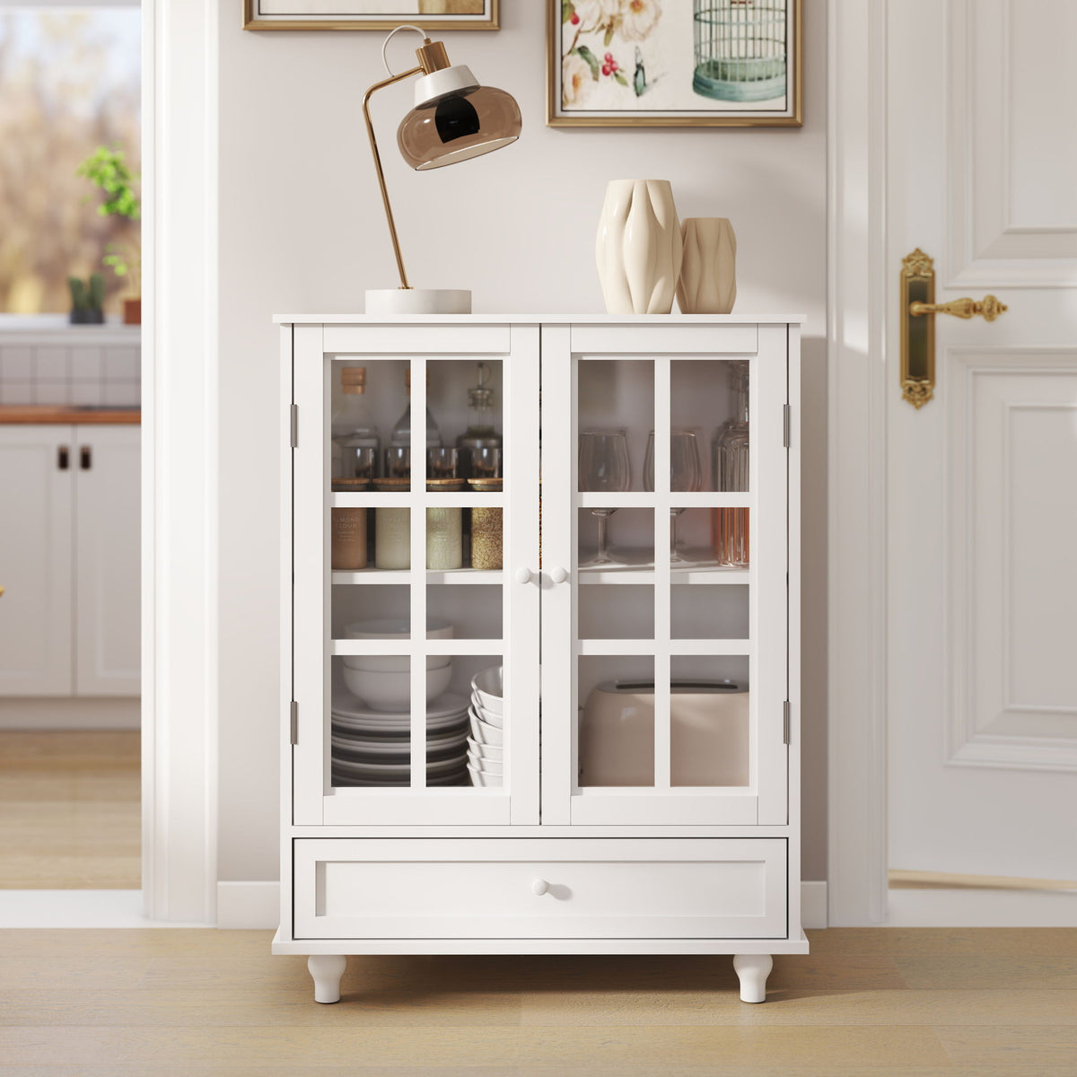 Minimalist Buffet Cabinet With Double Glass Doors And Drawer