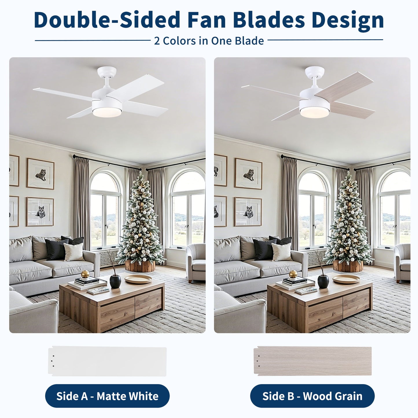 Ceiling Fan With Remote Control, Reversible DC Motor, 6 Speeds, 3 Dimmable LED, Quiet Timer For Indoor - White