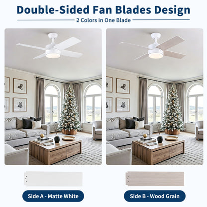 Ceiling Fan With Remote Control, Reversible DC Motor, 6 Speeds, 3 Dimmable LED, Quiet Timer For Indoor - White