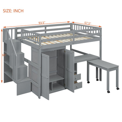 Loft Bed With Stairs, Bookshelf, Drawers, Desk & Wardrobe, Space Saving Multifunctional Furniture