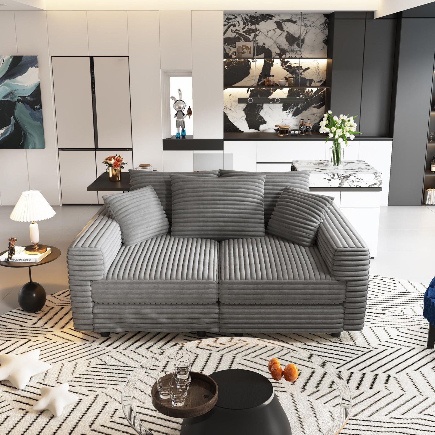 Convertible Deep Seat Sofa With Soft Pillows And Ottomans