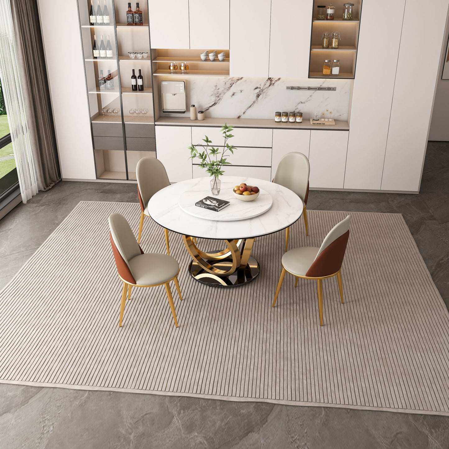 Round Dining Table With 360° Smooth Lazy Susan For Dining Room - Gold / Black / White