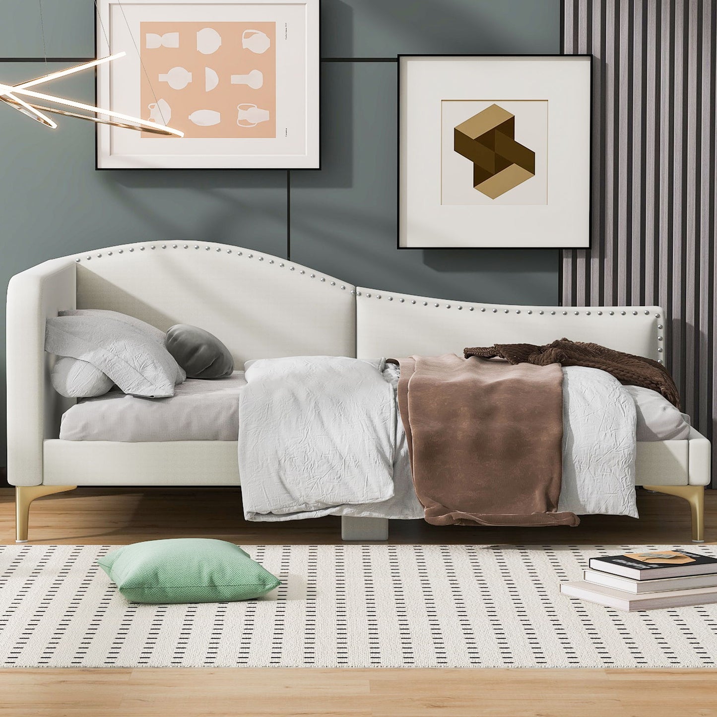 Upholstered Daybed With Headboard And Armrest, Support Legs