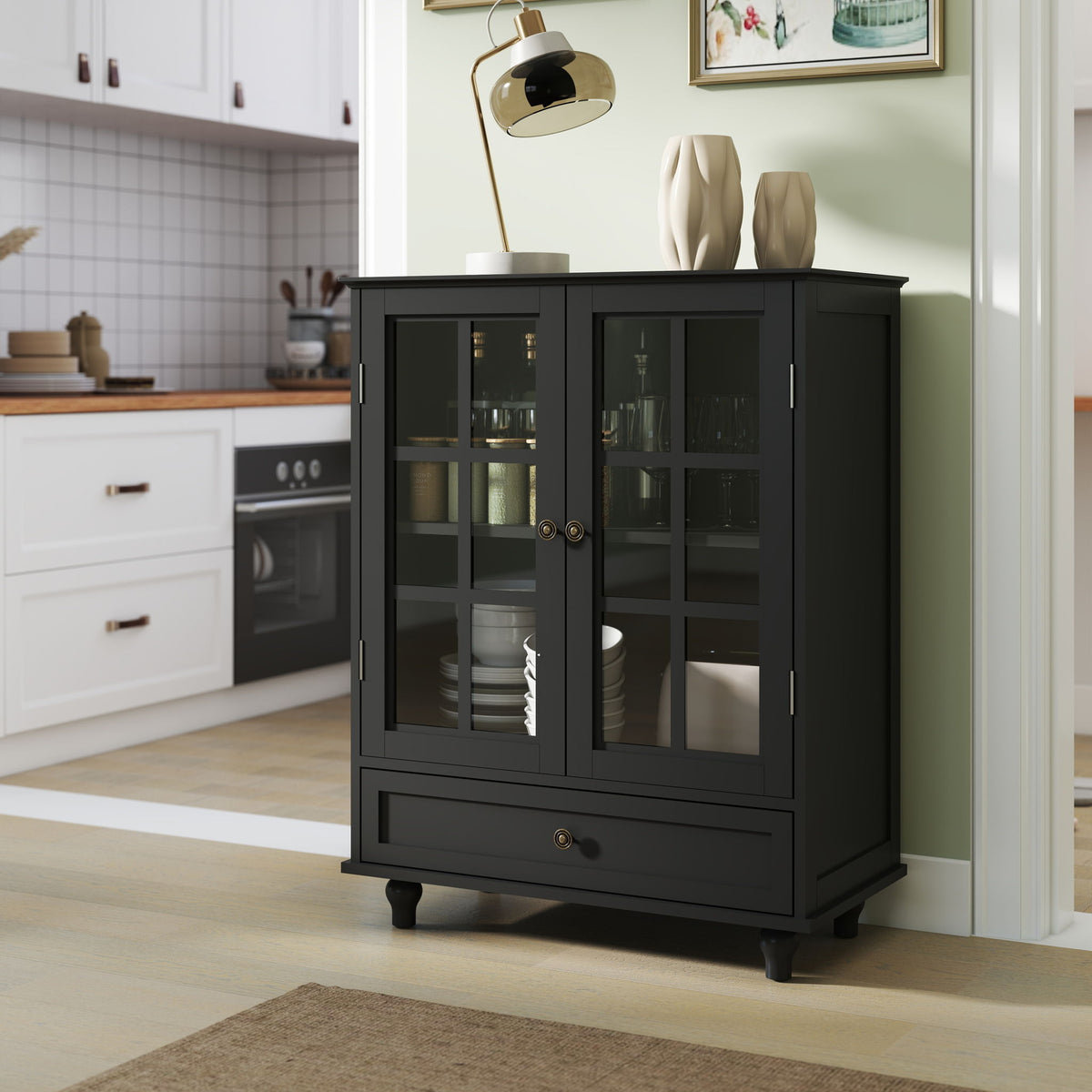 Minimalist Buffet Cabinet With Double Glass Doors And Drawer