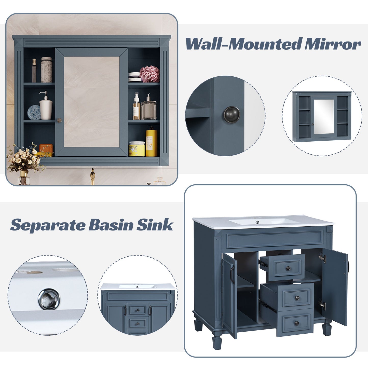 Bathroom Vanity With Top Sink, Mirror Cabinet, 2 Soft Closing Doors & 2 Drawers