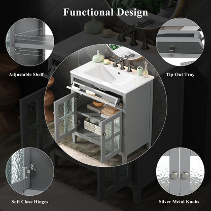 Bathroom Vanity With Ceramic Sink, Adjustable Shelf & Tip Out Tray