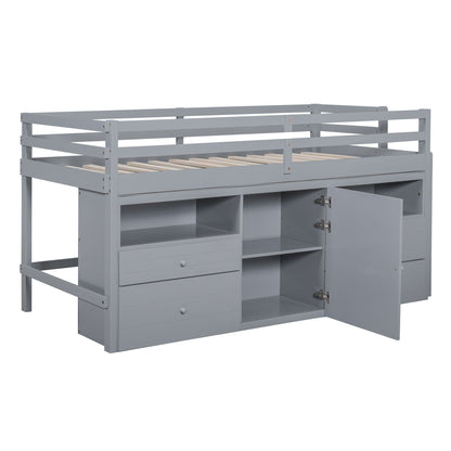 Loft Bed With 4 Drawers, Underneath Cabinet And Shelves