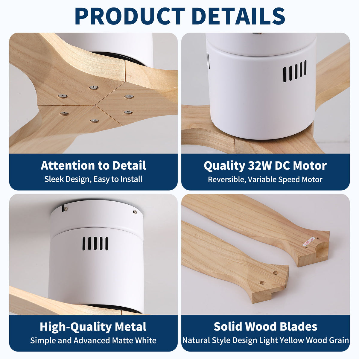 Low Profile Flush Ceiling Fan Without Light - Matte White / White