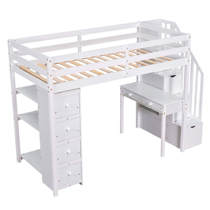 Loft Bed With Storage Drawers, Desk And Stairs With Shelves