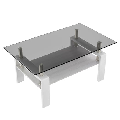 Modern Rectangular Coffee Table With Tempered Transparent Glass Top And Storage Shelf