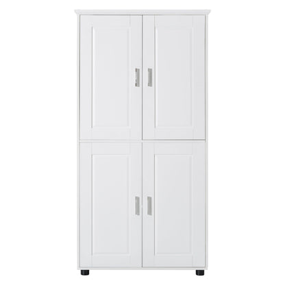 Tall And Wide Bathroom Floor Storage Cabinet With 4 Doors, Adjustable Shelves - White