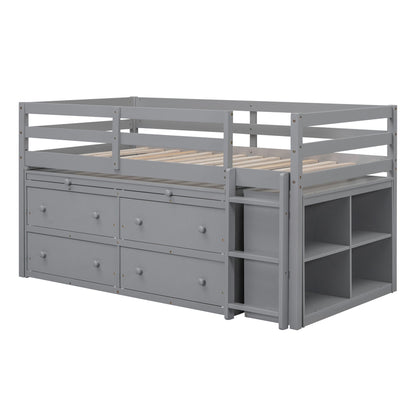 Loft Bed With Retractable Writing Desk And 4 Drawers, With Lateral Portable Desk And Shelves